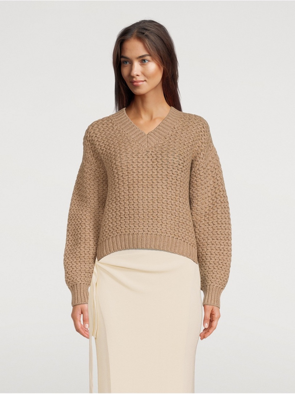 The Elder Statesman Rope Stitch‎ Cashmere Sweater Almond V Neck